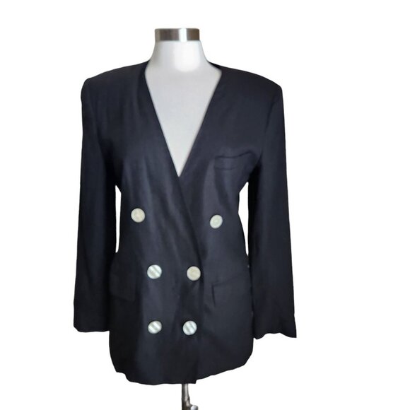 MICHELLE STUART Women size 6 Black Linen‎ Blazer Double Breasted Made in USA - Picture 1 of 16